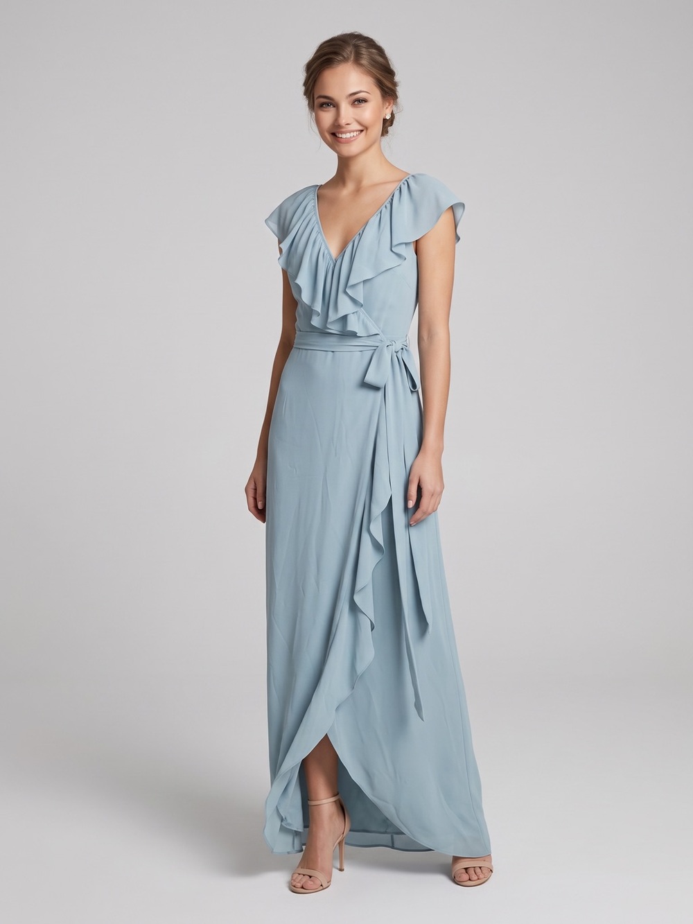 🌻Joanna August Lolo Wrap Gown Ruffle V Neck Maxi Ceremony Dress in Blue Size 8